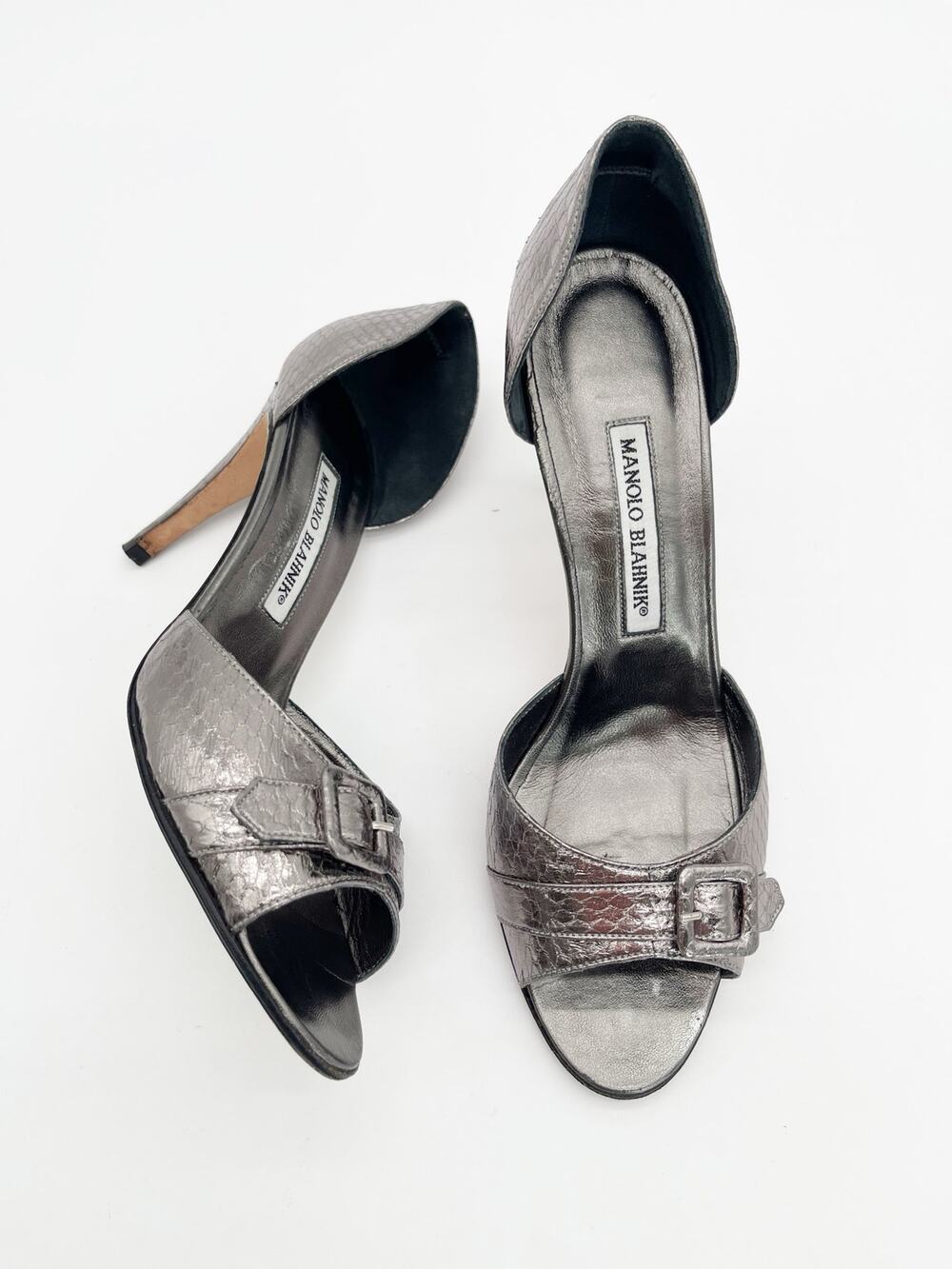 Manolo Blahnik Retro Gunmetal Metallic Snakeskin Buckle d'Orsay Heels IT 38.5